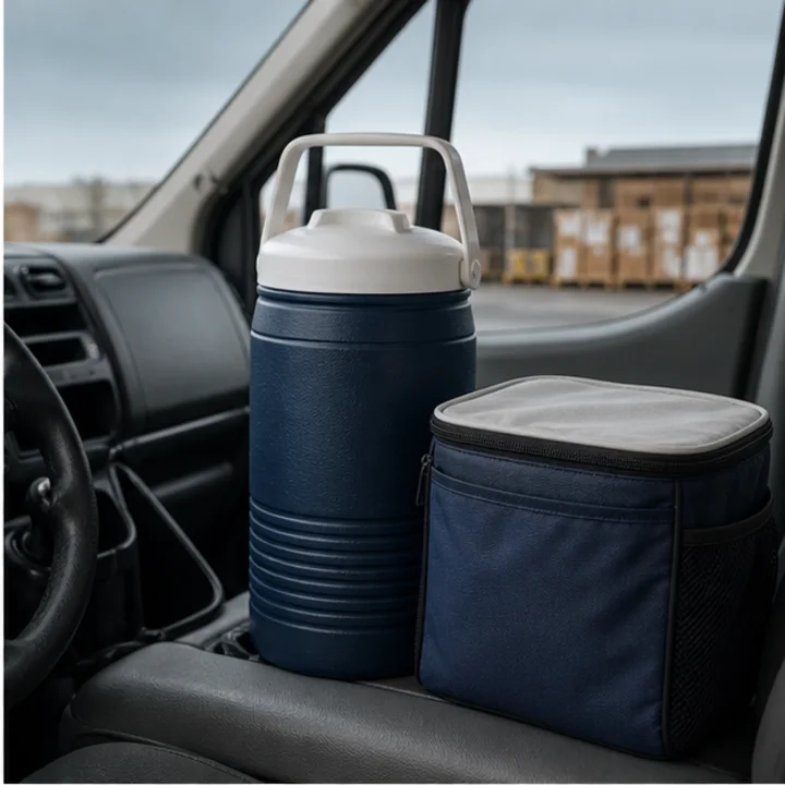 Insulated water jug and lunch cooler in a delivery vehicle