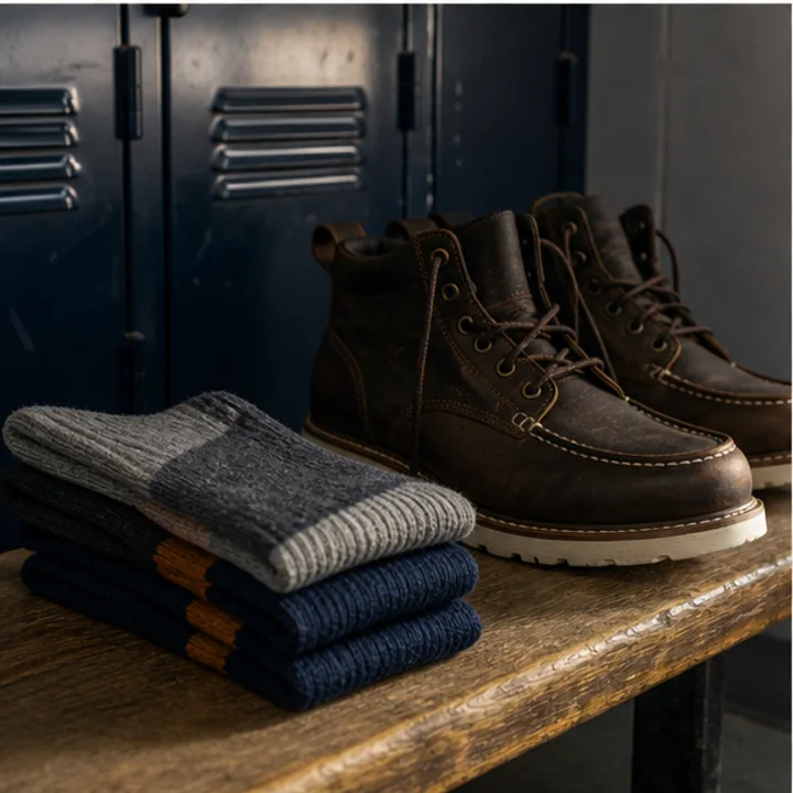 Work socks and boots arranged on a locker-room bench